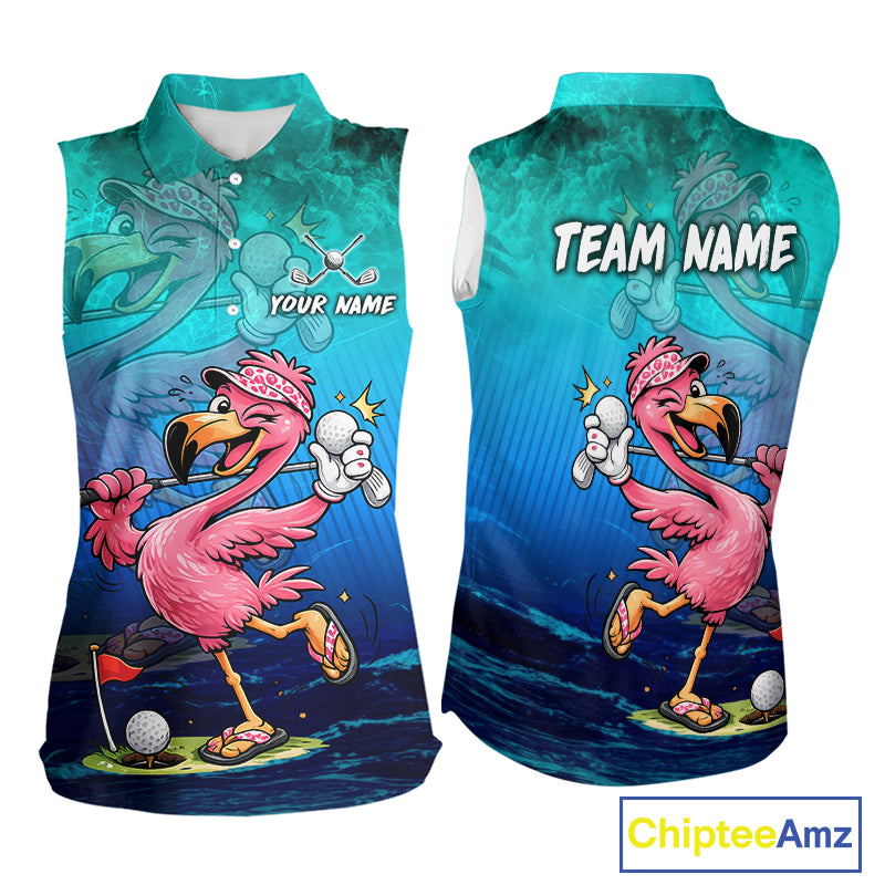 Personalized Flamingo Womens Sleeveless Golf Polo Shirt Custom Name And Team Teal Blue Funny Ocean Tropical Golf Outfit NHT1235