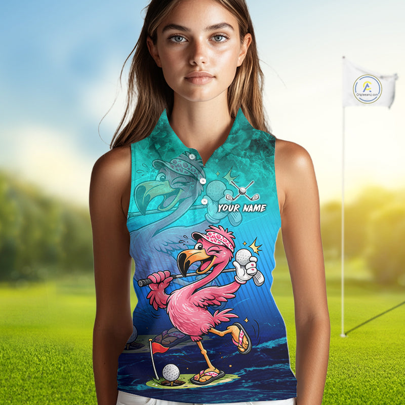 Personalized Flamingo Womens Sleeveless Golf Polo Shirt Custom Name And Team Teal Blue Funny Ocean Tropical Golf Outfit NHT1235