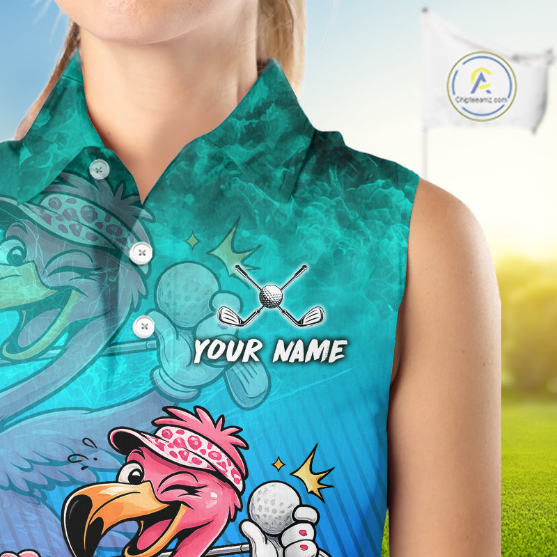 Personalized Flamingo Womens Sleeveless Golf Polo Shirt Custom Name And Team Teal Blue Funny Ocean Tropical Golf Outfit NHT1235