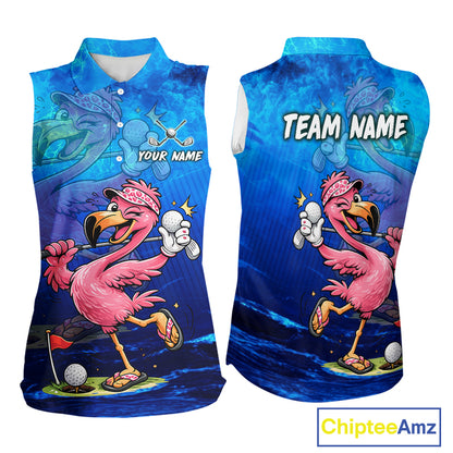 Personalized Flamingo Womens Sleeveless Golf Polo Shirt Custom Name And Team Royal Blue Funny Ocean Tropical Golf Outfit NHT1236