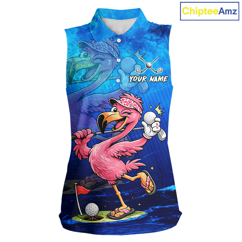 Personalized Flamingo Womens Sleeveless Golf Polo Shirt Custom Name And Team Royal Blue Funny Ocean Tropical Golf Outfit NHT1236