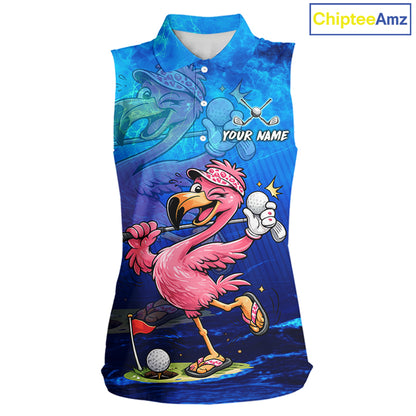Personalized Flamingo Womens Sleeveless Golf Polo Shirt Custom Name And Team Royal Blue Funny Ocean Tropical Golf Outfit NHT1236
