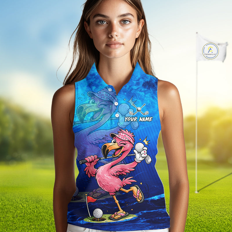Personalized Flamingo Womens Sleeveless Golf Polo Shirt Custom Name And Team Royal Blue Funny Ocean Tropical Golf Outfit NHT1236