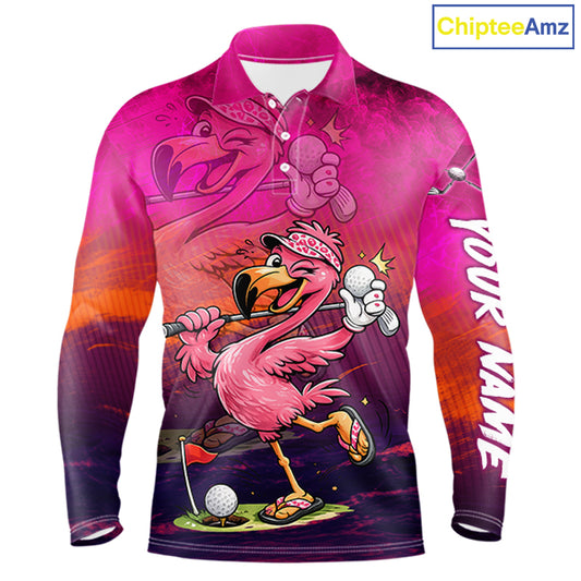 A long-sleeve polo shirt with an all-over cartoon flamingo golf graphic on a pink, purple, and orange gradient background. The shirt features a white collar, buttons, and 'YOUR NAME' printed vertically on the sleeve.