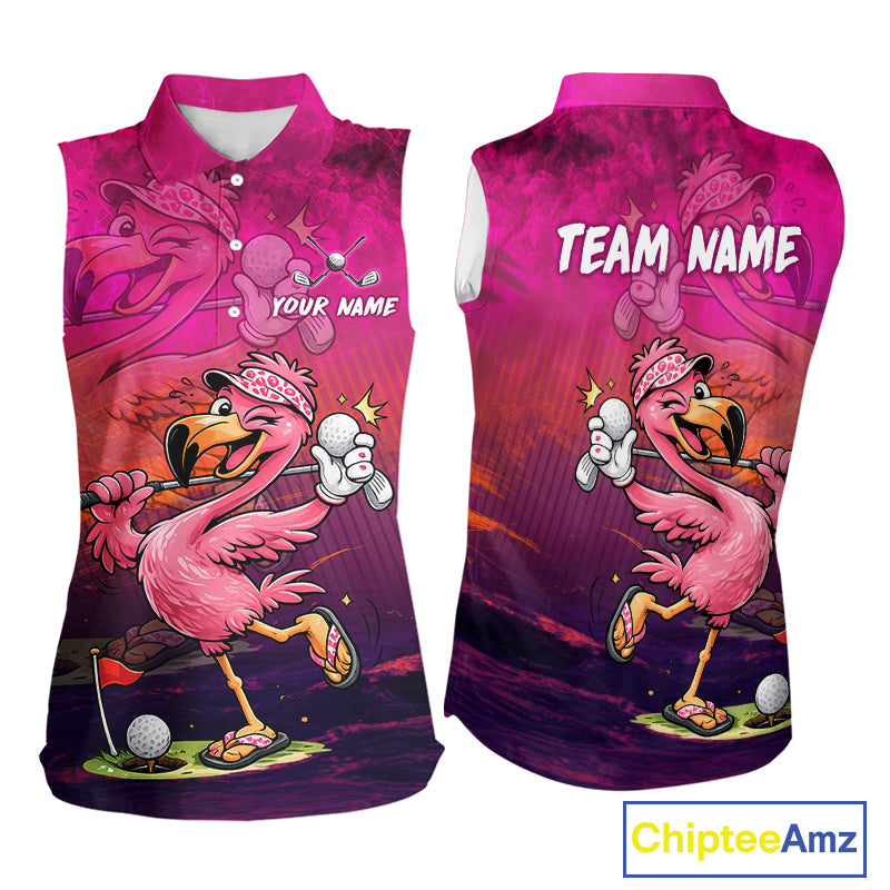 Personalized Flamingo Womens Sleeveless Golf Polo Shirt Custom Name And Team Hot Pink Funny Tropical Golf Outfit NHT1237