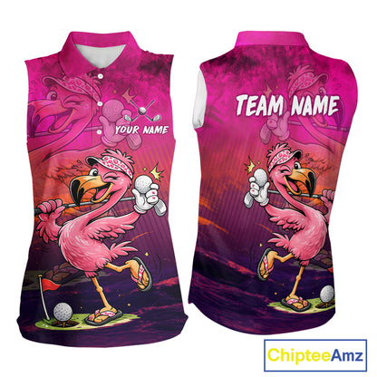 Personalized Flamingo Womens Sleeveless Golf Polo Shirt Custom Name And Team Hot Pink Funny Tropical Golf Outfit NHT1237