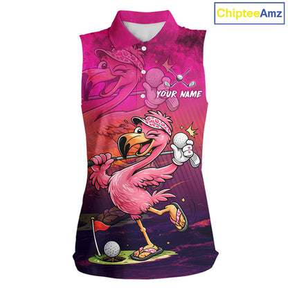 Personalized Flamingo Womens Sleeveless Golf Polo Shirt Custom Name And Team Hot Pink Funny Tropical Golf Outfit NHT1237