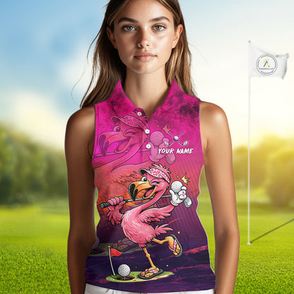 Personalized Flamingo Womens Sleeveless Golf Polo Shirt Custom Name And Team Hot Pink Funny Tropical Golf Outfit NHT1237