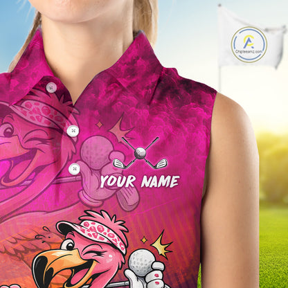 Personalized Flamingo Womens Sleeveless Golf Polo Shirt Custom Name And Team Hot Pink Funny Tropical Golf Outfit NHT1237