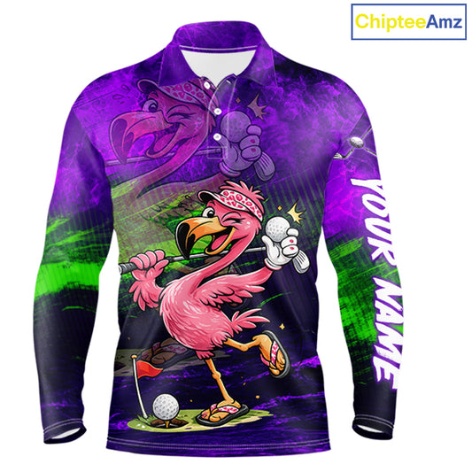 A long-sleeve polo shirt with a vibrant purple and black graphic design featuring a cartoon flamingo playing golf, green paint splatters, and 'YOUR NAME' printed vertically on the sleeve. The ChipteeAmz logo is visible in the top right corner.