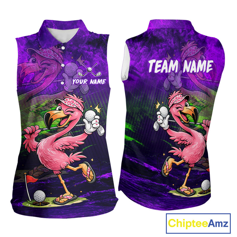 Personalized Flamingo Womens Sleeveless Golf Polo Shirt Custom Name And Team Purple Funny Tropical Golf Outfit NHT1238