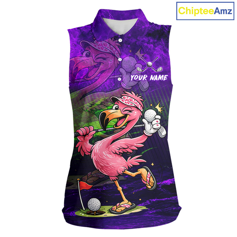 Personalized Flamingo Womens Sleeveless Golf Polo Shirt Custom Name And Team Purple Funny Tropical Golf Outfit NHT1238