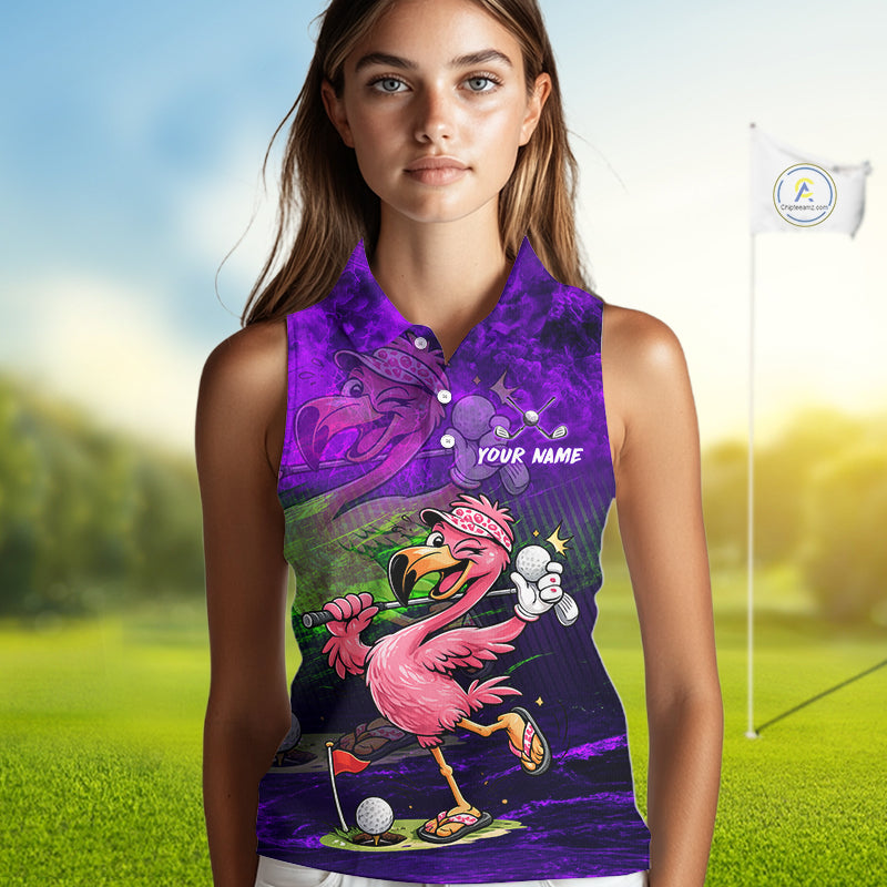 Personalized Flamingo Womens Sleeveless Golf Polo Shirt Custom Name And Team Purple Funny Tropical Golf Outfit NHT1238