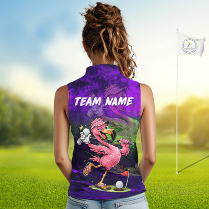 Personalized Flamingo Womens Sleeveless Golf Polo Shirt Custom Name And Team Purple Funny Tropical Golf Outfit NHT1238