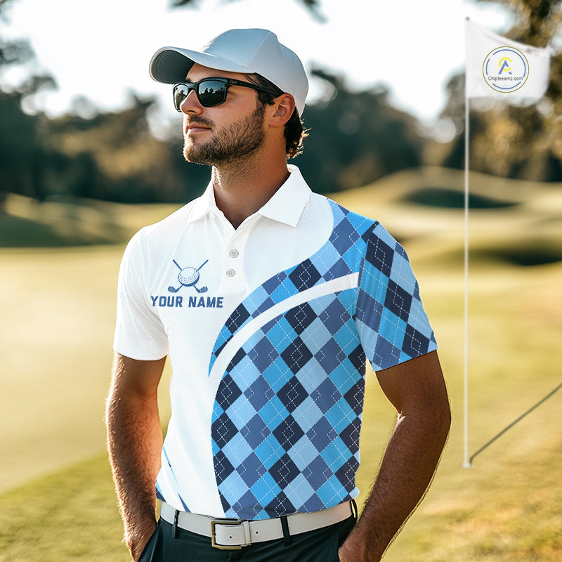 White And Green Argyle Pattern Mens Golf Polo Shirt Custom Golf Polo Best Golf Gifts NHT561