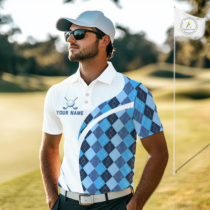 White And Green Argyle Pattern Mens Golf Polo Shirt Custom Golf Polo Best Golf Gifts NHT561