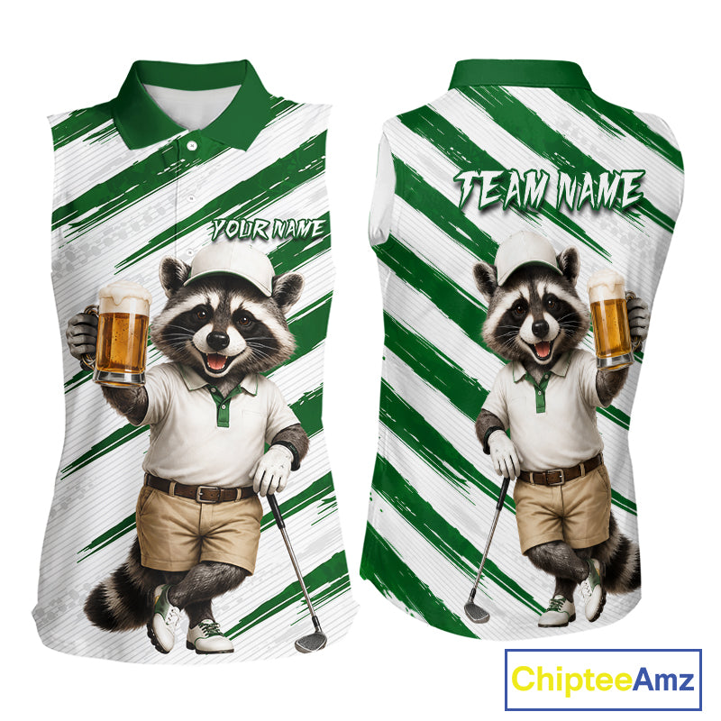 Custom Funny Beer Raccoon Golf Jersey For Womens, Womens Sleeveless Golf Polo Shirt Black Beige Golf Jersey NHT936