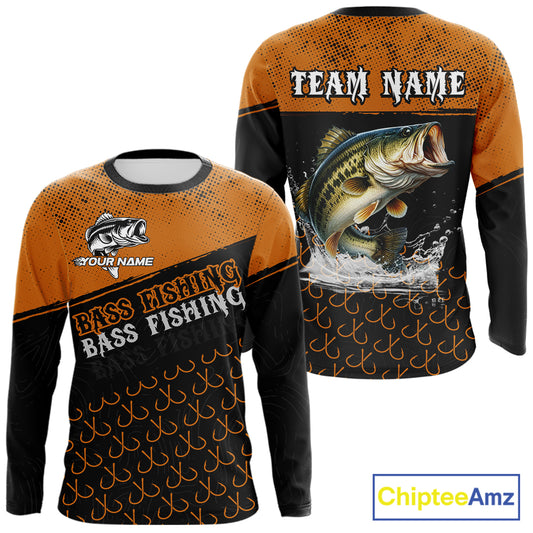 Personalized Largemouth Bass Fishing Jerseys, Orange Bass Fishing Shirts Long Sleeve Tournament Shirts NHT567