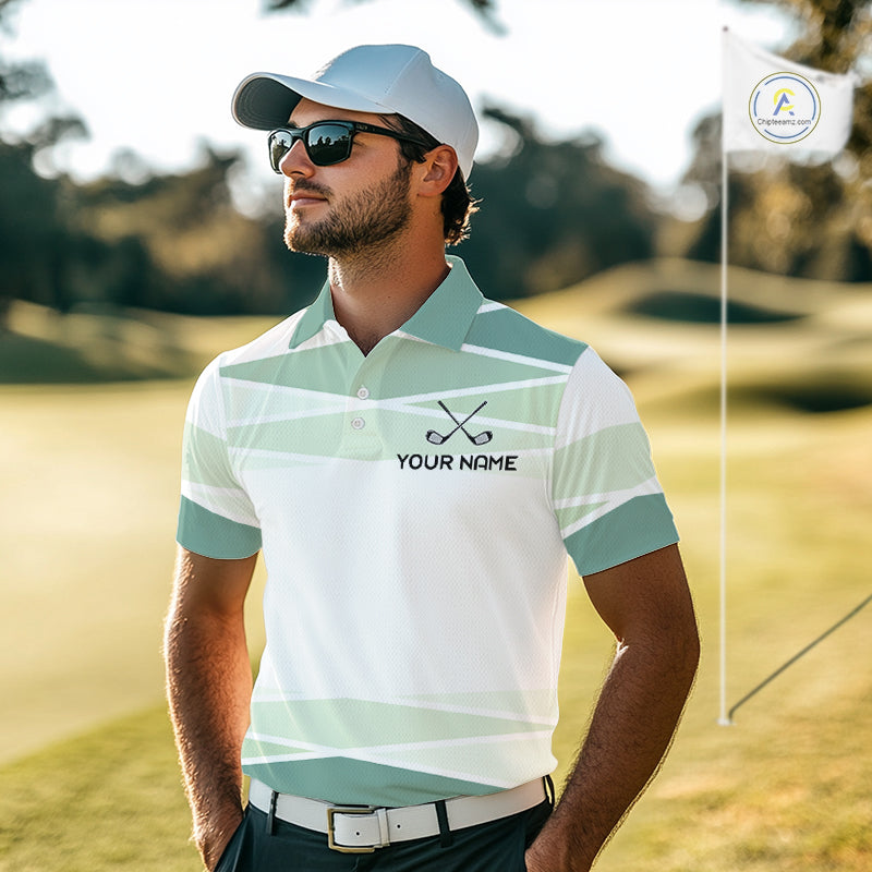 Personalized white green geometric golf polo shirt for men with custom team name