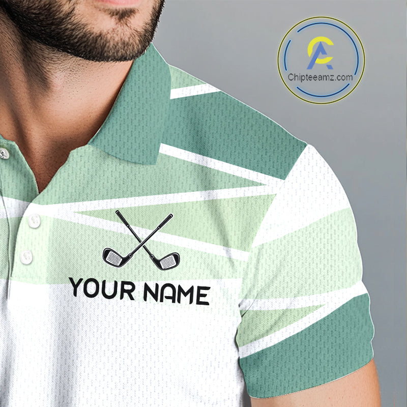 Personalized Golf Polo Shirt Custom Team Name White Green Geometric Golf Team Polo For Men NHT943