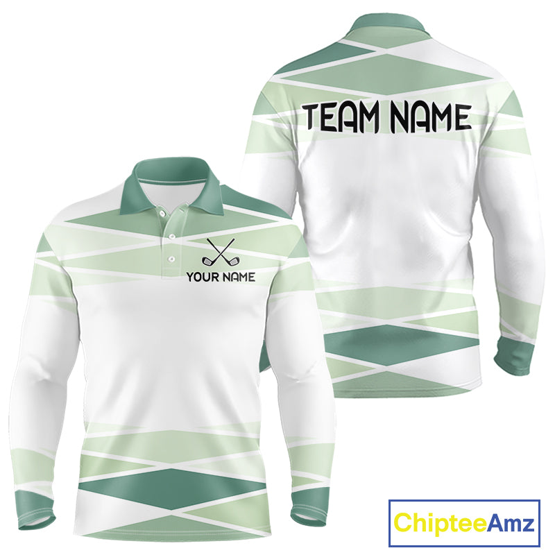 Personalized white green geometric golf polo shirt for men with custom team name