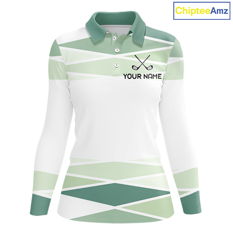 Personalized White Green Geometric Golf Polo Shirt  Custom Team Name