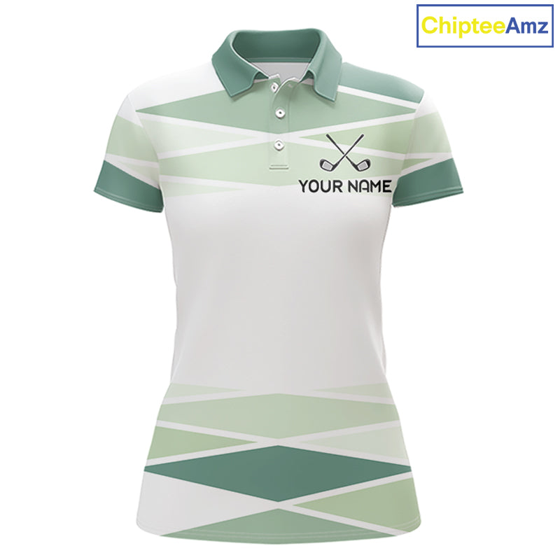 Personalized White Green Geometric Golf Polo Shirt  Custom Team Name
