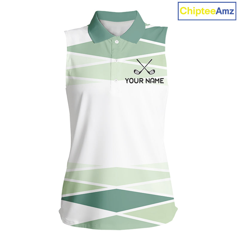 Personalized White Green Geometric Womens Sleeveless Golf Polo Shirt  Custom Team Name
