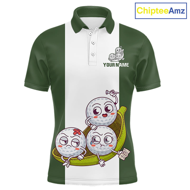 Mens Custom Green White Golf Team Polo Shirt, Funny Golf Ball Family Design, Matching Team Outfit NHT789