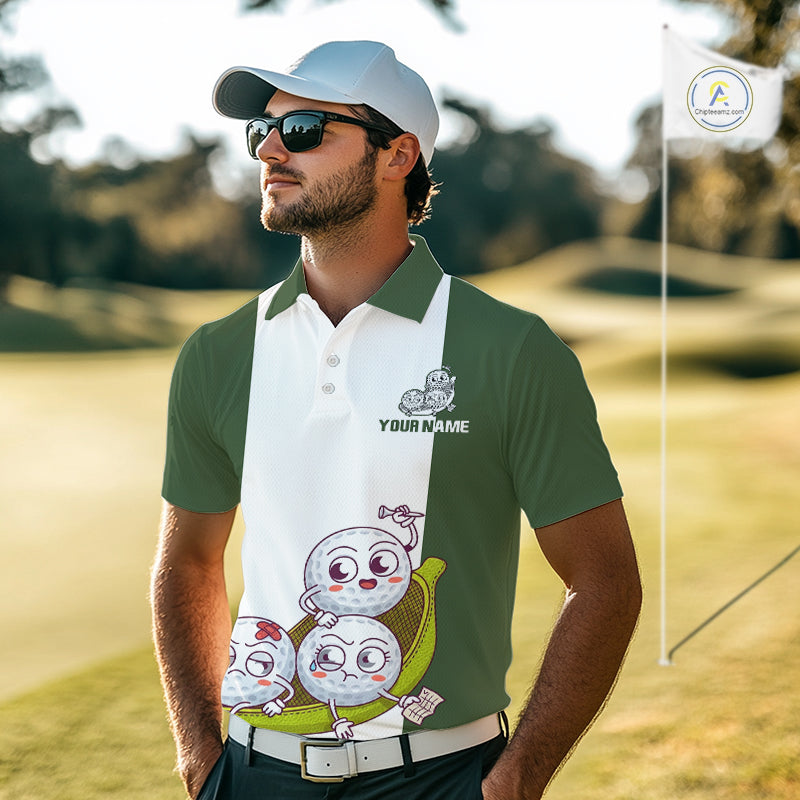 Mens Custom Green White Golf Team Polo Shirt, Funny Golf Ball Family Design, Matching Team Outfit NHT789