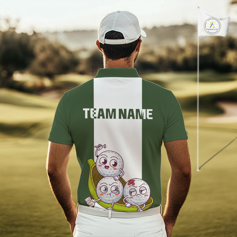 Mens Custom Green White Golf Team Polo Shirt, Funny Golf Ball Family Design, Matching Team Outfit NHT789