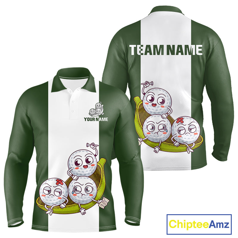 Mens Custom Green White Golf Team Polo Shirt, Funny Golf Ball Family Design, Matching Team Outfit NHT789