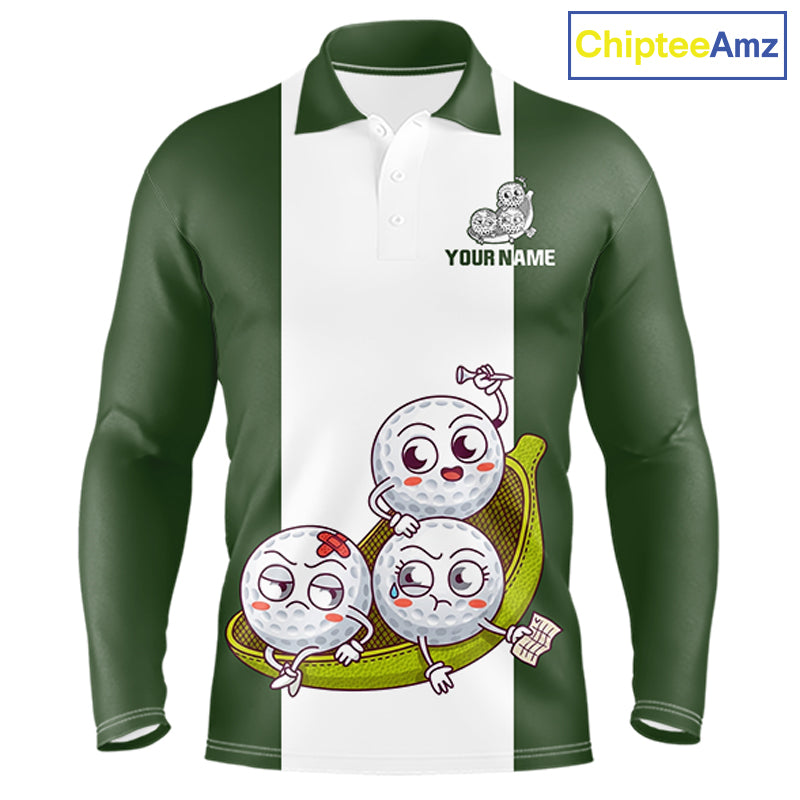 Mens Custom Green White Golf Team Polo Shirt, Funny Golf Ball Family Design, Matching Team Outfit NHT789