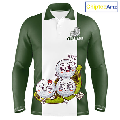 Mens Custom Green White Golf Team Polo Shirt, Funny Golf Ball Family Design, Matching Team Outfit NHT789