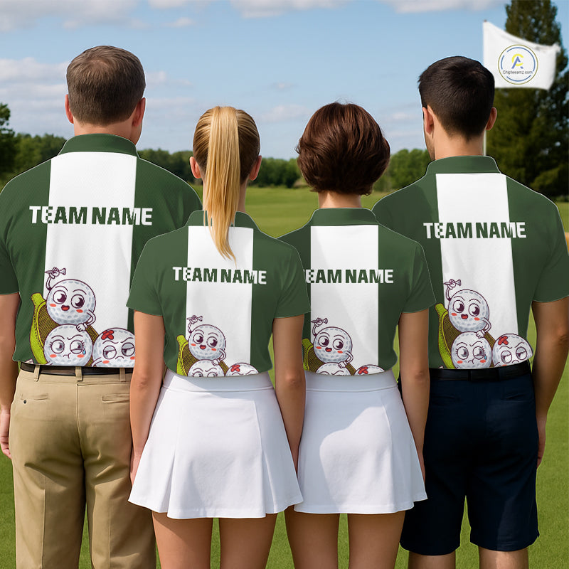 Mens Custom Green White Golf Team Polo Shirt, Funny Golf Ball Family Design, Matching Team Outfit NHT789