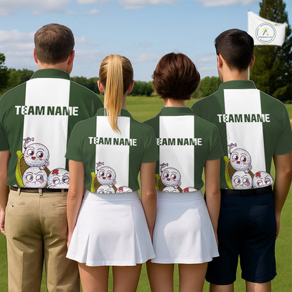 Mens Custom Green White Golf Team Polo Shirt, Funny Golf Ball Family Design, Matching Team Outfit NHT789