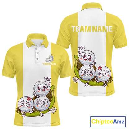 Mens Custom Yellow White Golf Team Polo Shirt, Funny Golf Ball Family Design, Matching Team Outfit NHT790