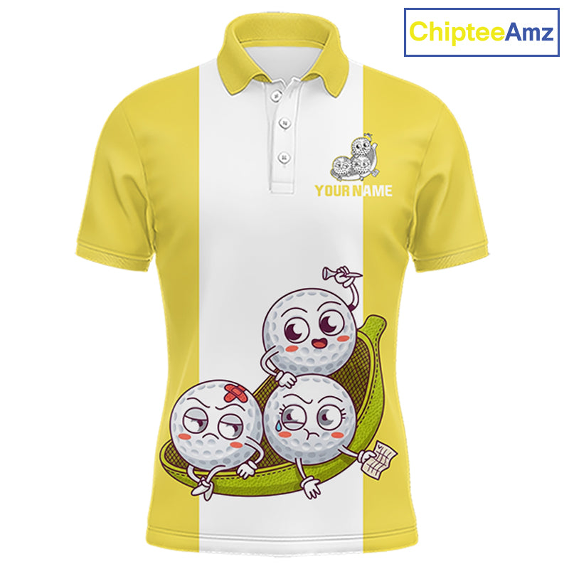 Mens Custom Yellow White Golf Team Polo Shirt, Funny Golf Ball Family Design, Matching Team Outfit NHT790