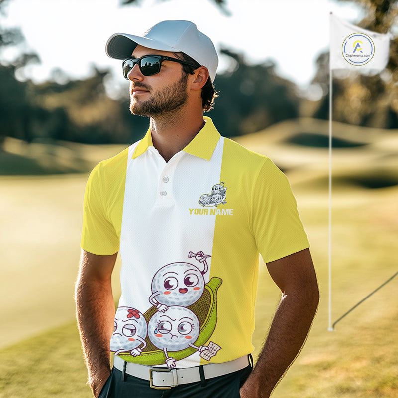 Mens Custom Yellow White Golf Team Polo Shirt, Funny Golf Ball Family Design, Matching Team Outfit NHT790