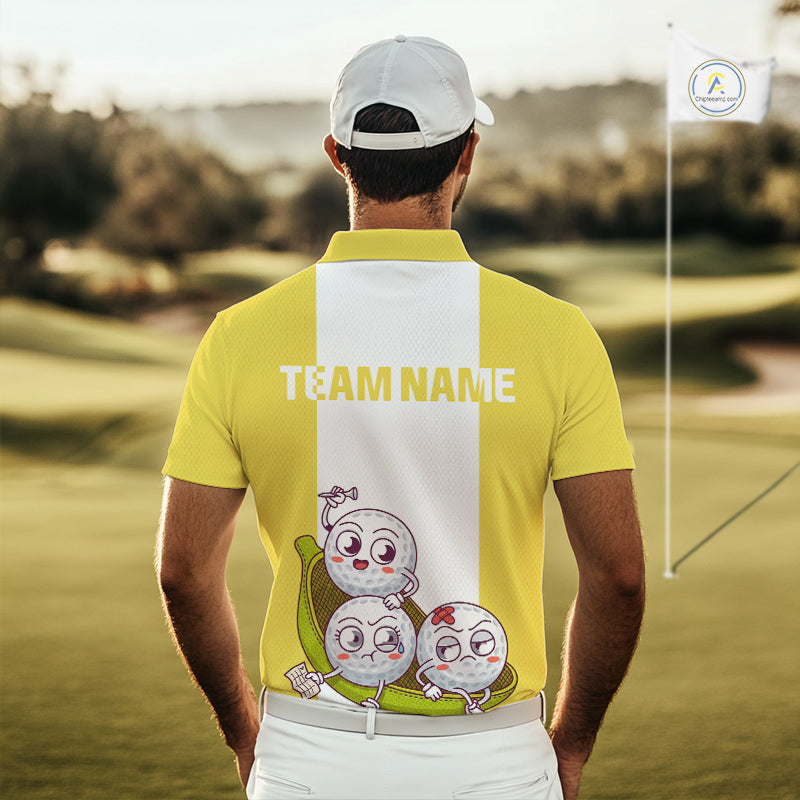Mens Custom Yellow White Golf Team Polo Shirt, Funny Golf Ball Family Design, Matching Team Outfit NHT790