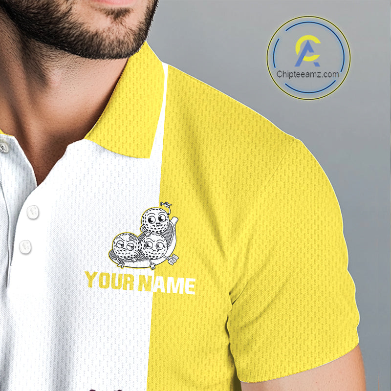Mens Custom Yellow White Golf Team Polo Shirt, Funny Golf Ball Family Design, Matching Team Outfit NHT790