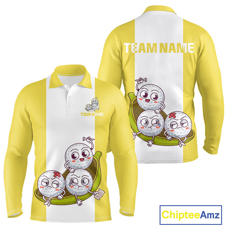 Mens Custom Yellow White Golf Team Polo Shirt, Funny Golf Ball Family Design, Matching Team Outfit NHT790