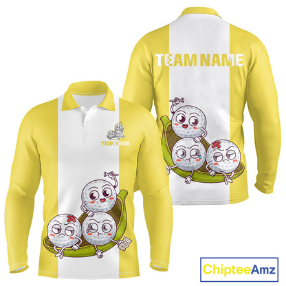 Mens Custom Yellow White Golf Team Polo Shirt, Funny Golf Ball Family Design, Matching Team Outfit NHT790