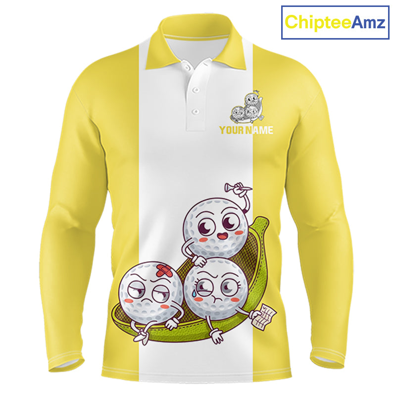Mens Custom Yellow White Golf Team Polo Shirt, Funny Golf Ball Family Design, Matching Team Outfit NHT790