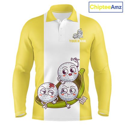 Mens Custom Yellow White Golf Team Polo Shirt, Funny Golf Ball Family Design, Matching Team Outfit NHT790