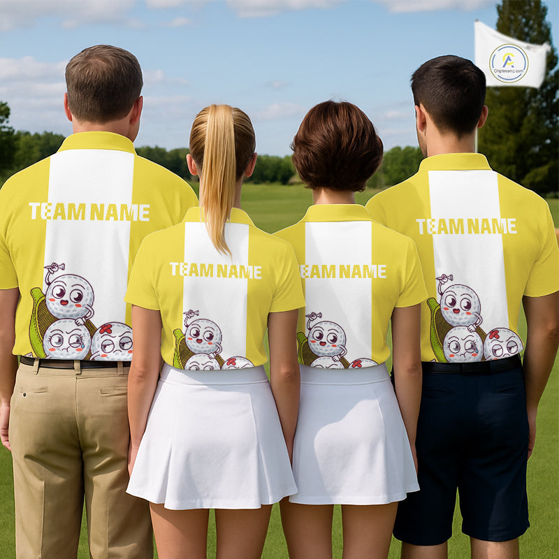 Mens Custom Yellow White Golf Team Polo Shirt, Funny Golf Ball Family Design, Matching Team Outfit NHT790