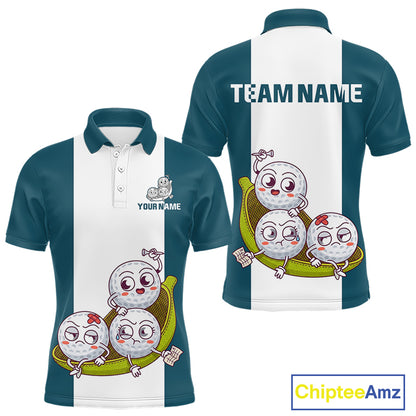 Mens Custom Blue Teal White Golf Team Polo Shirt, Funny Golf Ball Family Design, Matching Team Outfit NHT791