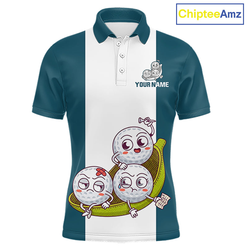 Mens Custom Blue Teal White Golf Team Polo Shirt, Funny Golf Ball Family Design, Matching Team Outfit NHT791