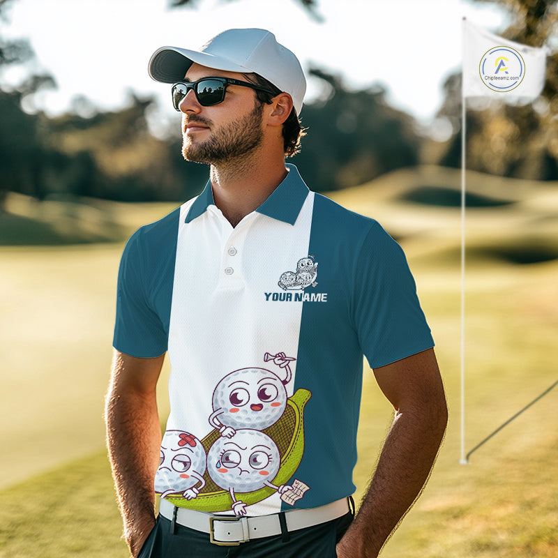 Mens Custom Blue Teal White Golf Team Polo Shirt, Funny Golf Ball Family Design, Matching Team Outfit NHT791