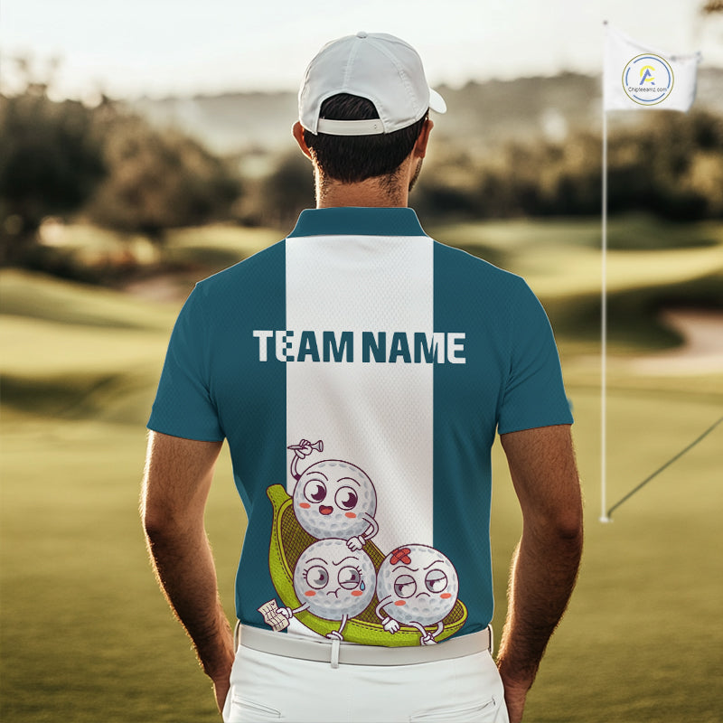 Mens Custom Blue Teal White Golf Team Polo Shirt, Funny Golf Ball Family Design, Matching Team Outfit NHT791